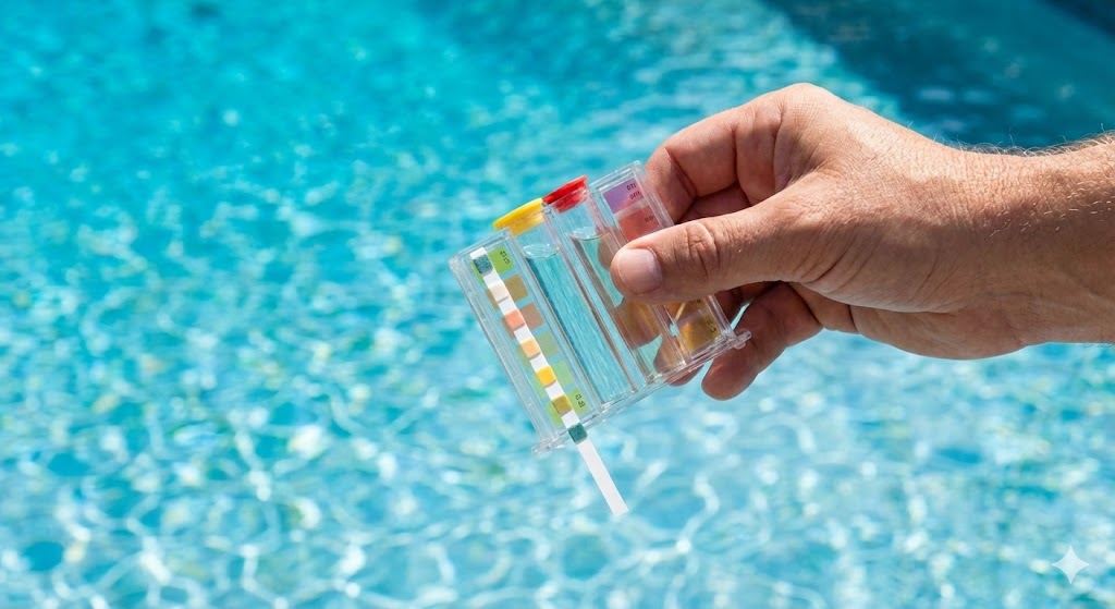 Pool water testing kit with pH and chlorine test strips held over crystal blue pool water