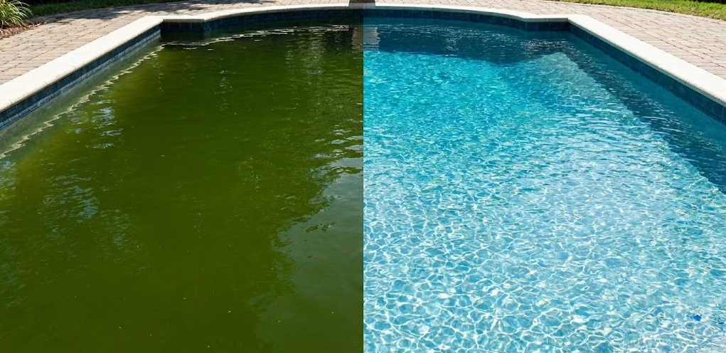 Before and after green algae pool recovery showing transformation from green to crystal clear blue water