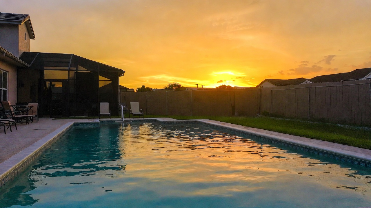 Beautiful pool at sunset with golden hour light in Ocala, Florida